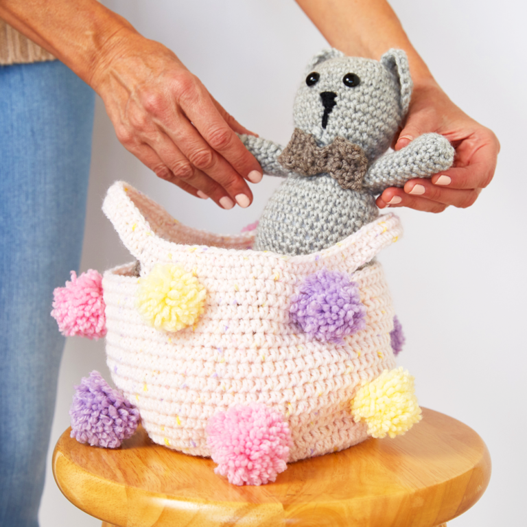 Girls Pom Pom Storage Basket Crochet Pattern • Mermaids & Monkeys