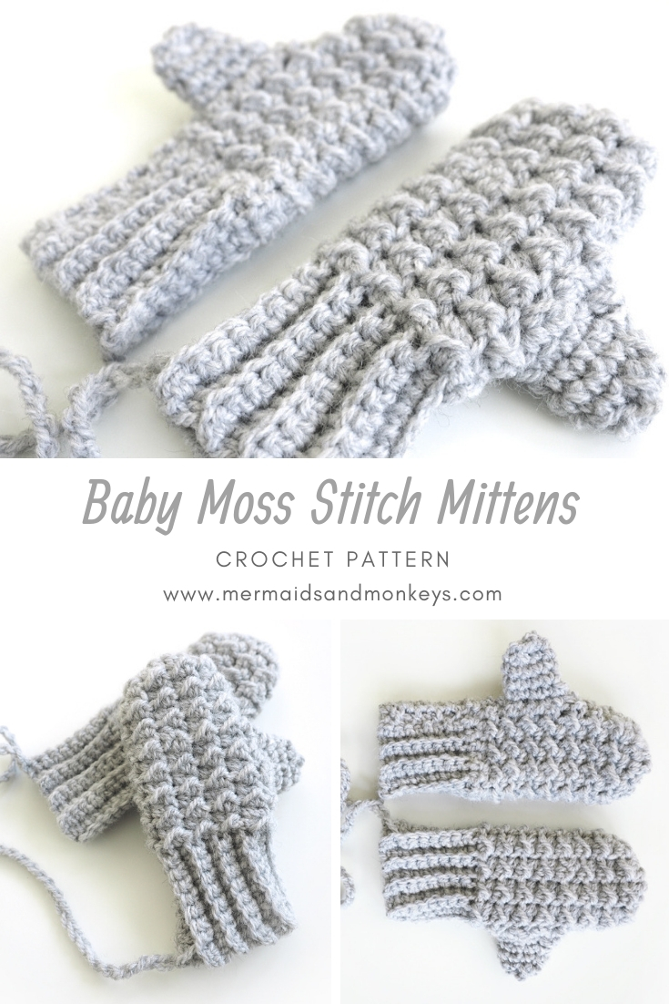 These crochet mittens are adorable and easy to work up. The moss stitch crochet pattern is made up of basic crochet stitches, so it’s really easy to learn. #MossStitchCrochet #CrochetBabyMittens #FreeCrochetPattern
