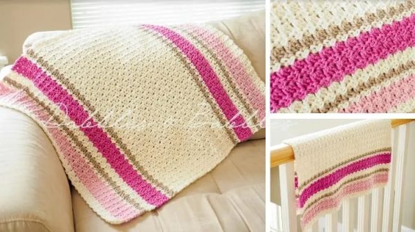 The Primrose Crochet Baby Blanket on a couch