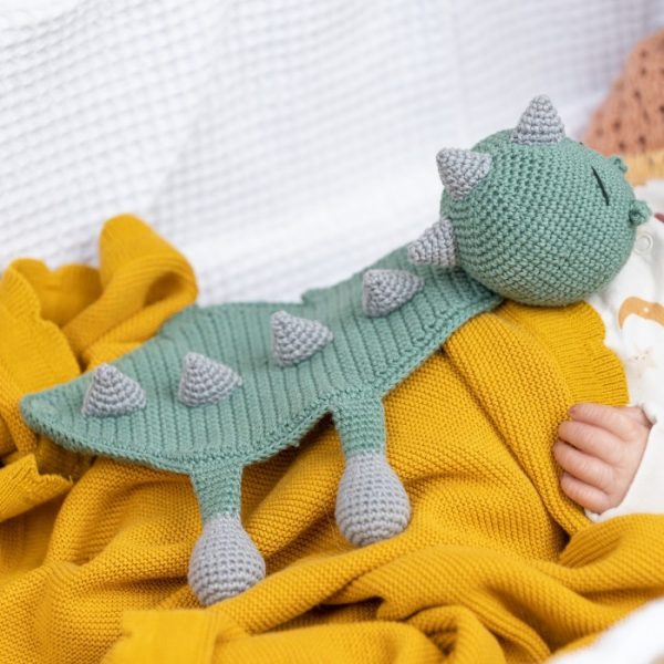 a baby holding donnie the dinosaur comforter