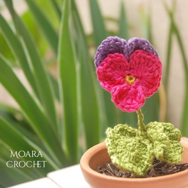 crochet pansies in a flowerpot