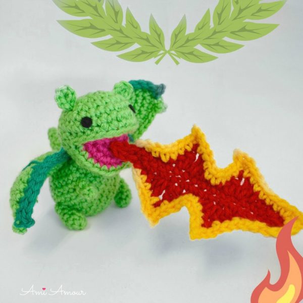 crochet dragon amigurumi with fire shooting out of its mouth