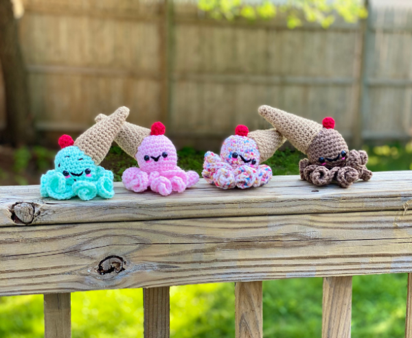 crochet amigurumi octopus with ice cream on top